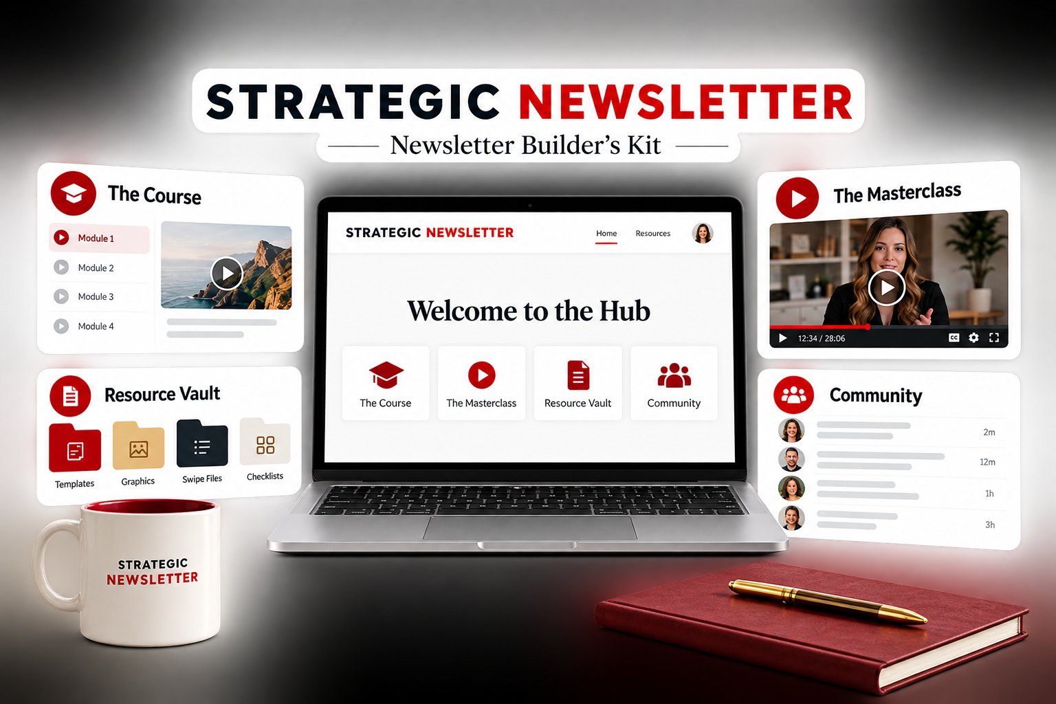 The Newsletter Builder's Kit: the course, the masterclass, the resource vault, and the community inside the Hub