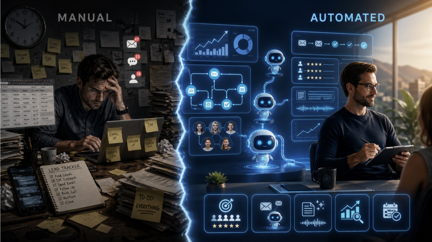 A manual expert buried in sticky notes and follow-ups next to an automated expert whose AI systems run the pipeline