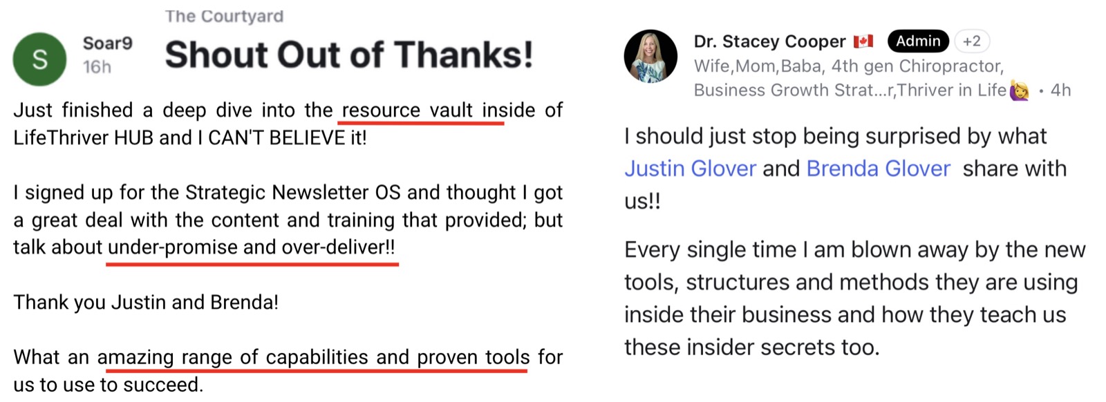 Two community posts thanking Justin and Brenda for the resource vault and the tools inside the Hub