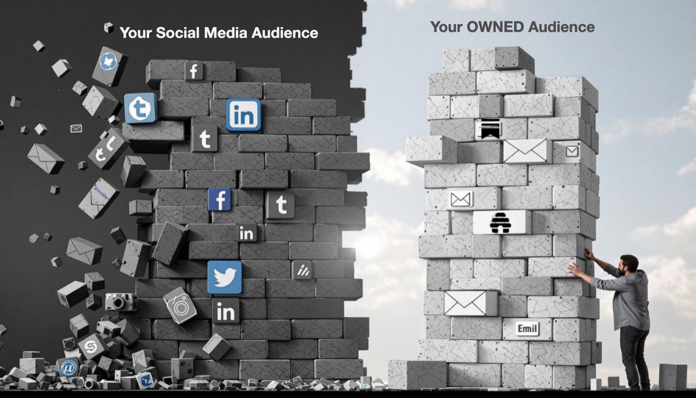 A crumbling wall of social media logos next to a solid wall built from email